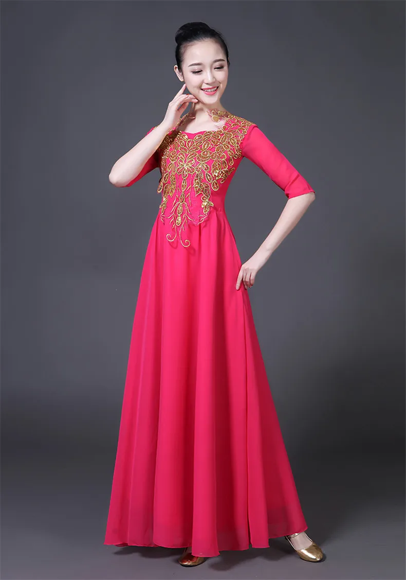 Китайский Hanfu хор представление Платье Женская юбка взрослый современный танец хост среднего возраста и пожилых выступлений платья