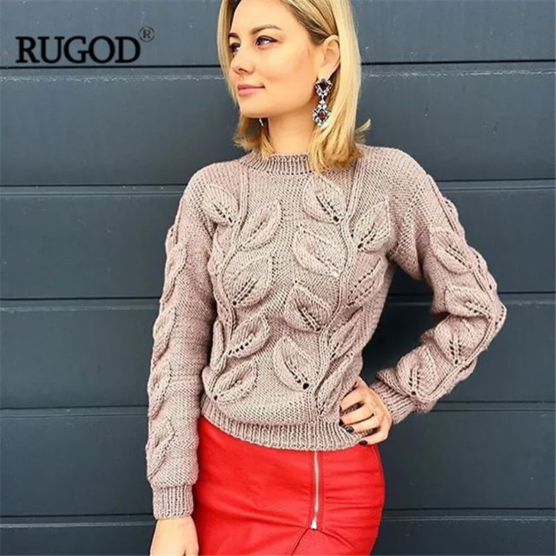RUGOD 2020 Autumn Winter Warm Knitted Pullover Women Elegant Leaves Pattern Knitwear Sweater Female Coat Outwear | Женская одежда