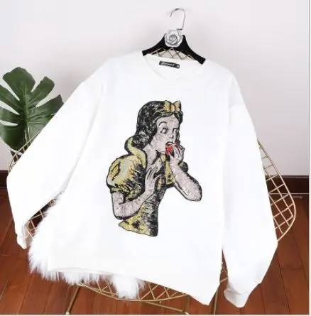 SS19 весенние женские белые винтажные мультики с игровой культурой, украшенные блестками, с круглым вырезом, толстовка Femme