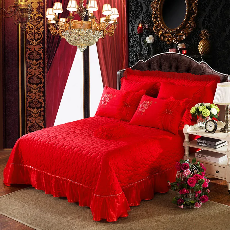 Free Shipping wholesale Korean applique embroidery ruffle lace wedding bedding set 4pcs bedspread full/queen/king size | Дом и сад