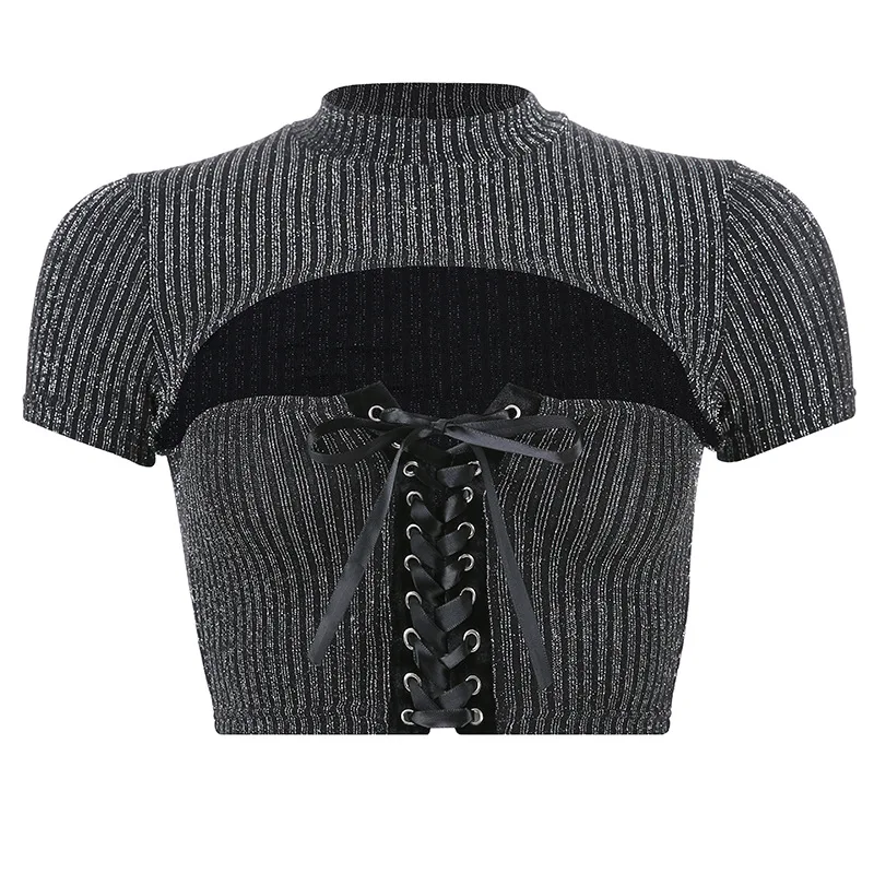 

2019 Harajuku Women T-shirt Sexy Chest Hollow Out Cropped Top Knitting Cotton Drawstring Femme T-shirt Sexy Short Women Top