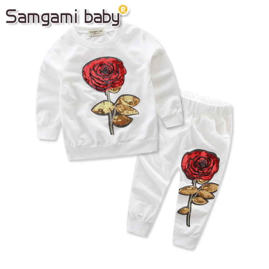 SAMGAMI BABY Girls Clothing Sets 2018 Winter Wool Sportswear Long Sleeve Rose Floral Embroidered Sequinsets Kids | Мать и ребенок