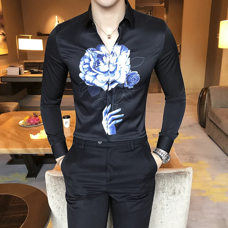 High Quality Men Shirt Korean Slim Fit Digital Print Casual Men's Social Shirts Long Sleeve Plus Size Night Club Party | Мужская