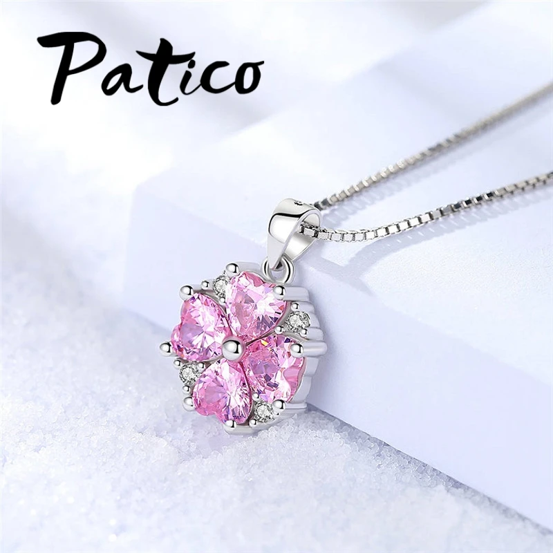 

New Fashion Flower Design Pink Cubic Zirconia Necklace Pendant 925 Sterling Silver Long Necklace For Wedding Engagement