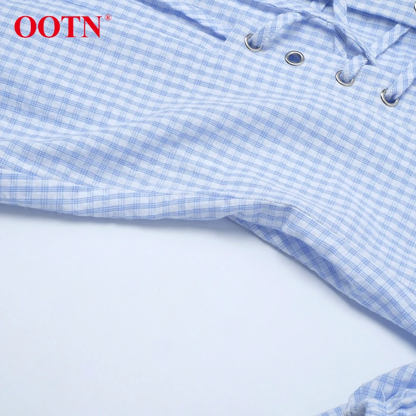 OOTN голубое белое клетчатое летнее платье с открытой спиной для женщин с высокой талией, со шнуровкой, с открытыми плечами, облегающее платье, сексуальный пляжный короткий сарафан для женщин