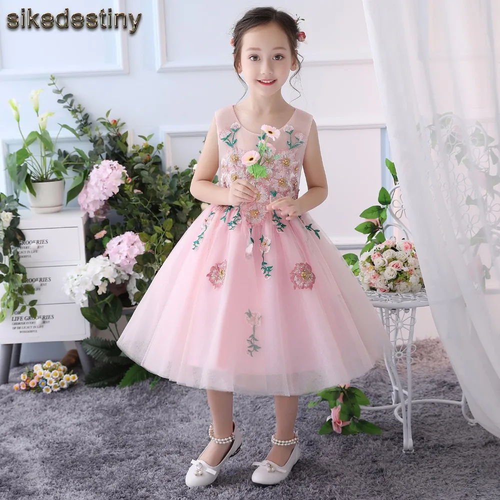 Sikedestiny розовые платья для девочек с цветочным узором Sheer Jewel шеи поясом оборками