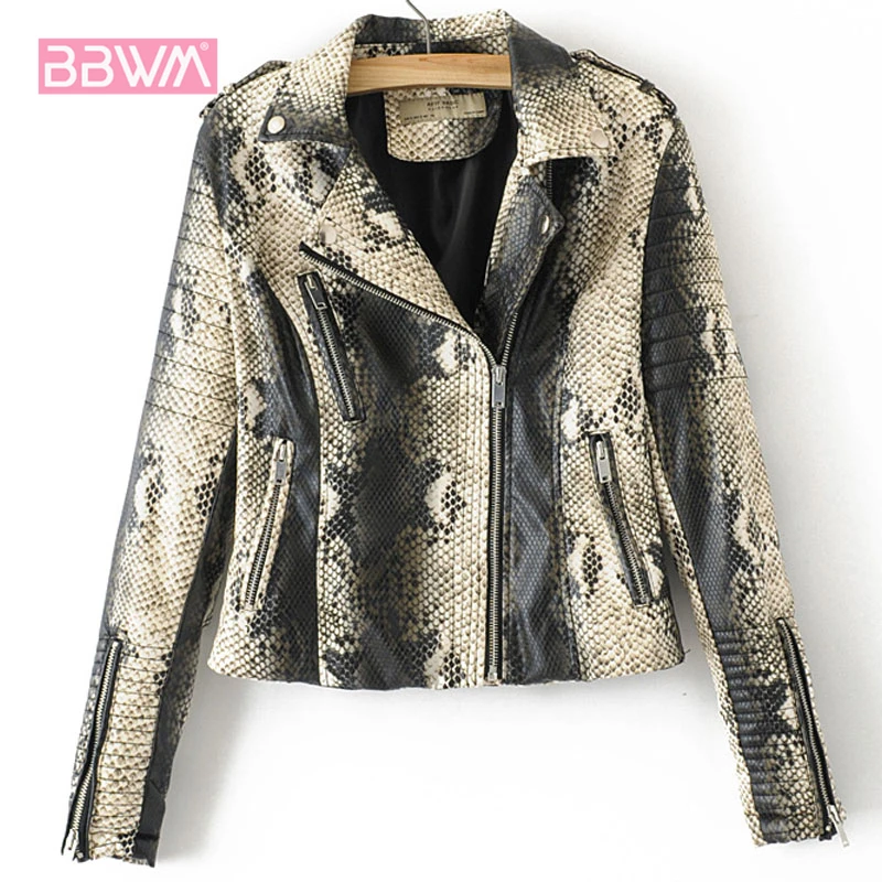

Lapel Serpentine Pu Long Sleeve Women's Jacket Slim Windproof Motorcycle Female Hipster Coat Zipper Pocket Retro Black Jackets