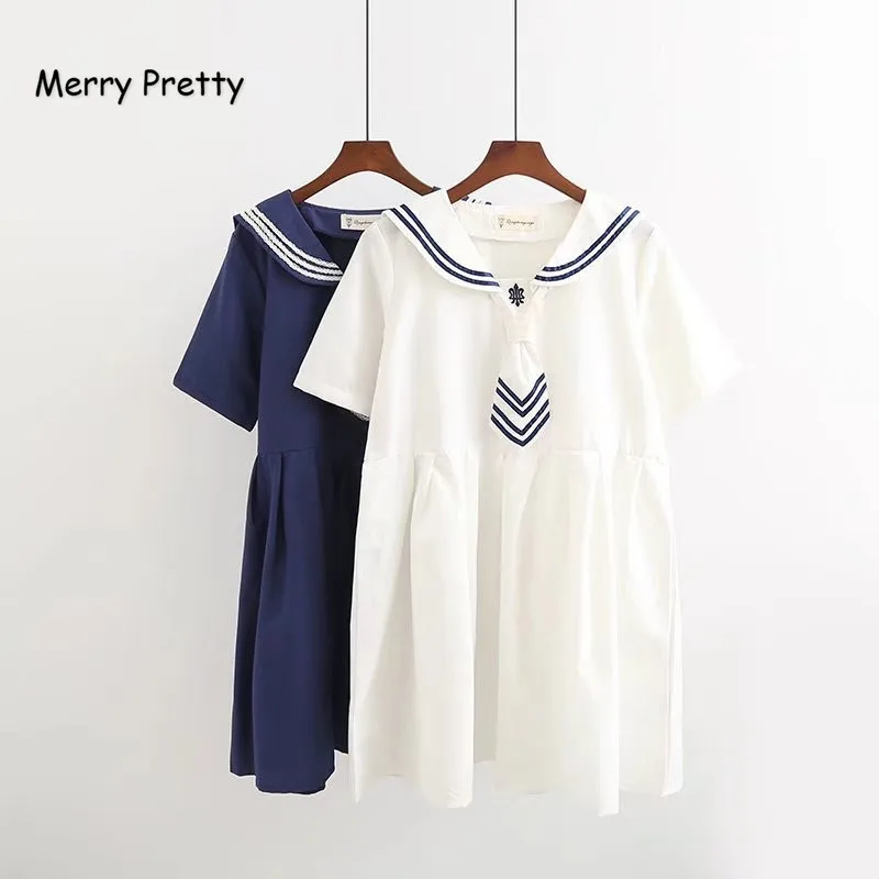 Платье женское хлопковое с матросским воротником а силуэтом и вышивкой|Женские