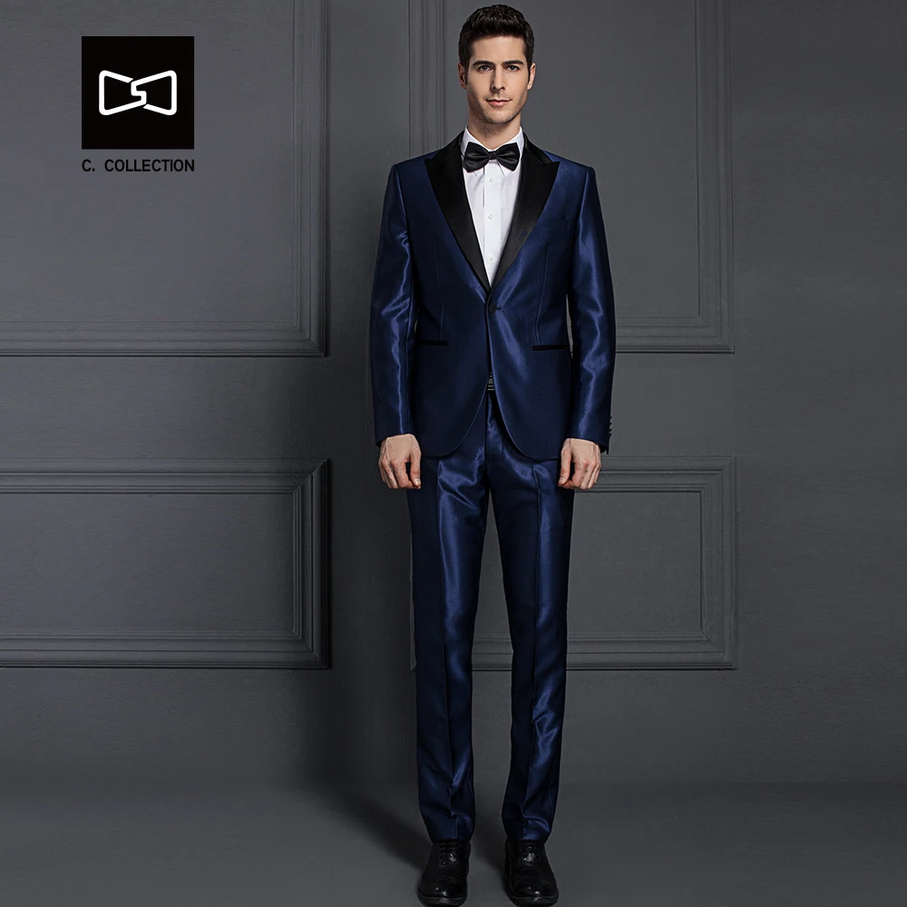 Индивидуальный мужской темно синий костюм Сияющий приталенный Свадебный для