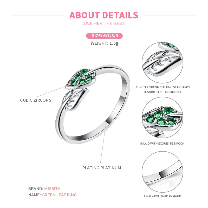 

MISSITA 2019 New Fashion Romantic Green Leaf Rings For Women Wedding Gift with Stackable Zircon Ring Brand Jewelry