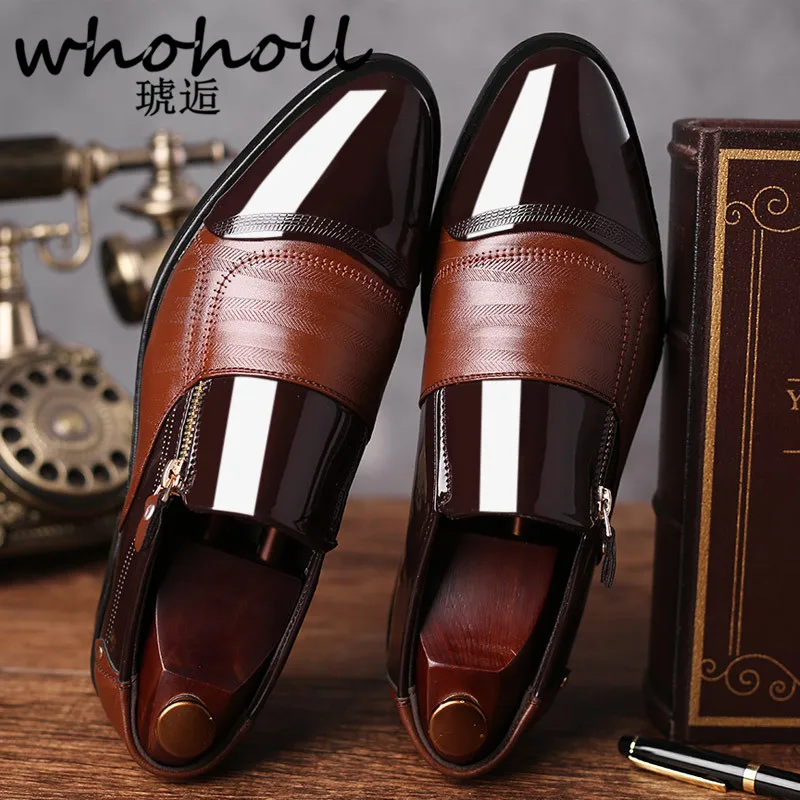 

Whoholl 2018 Spring Autumn Men Formal Wedding Shoes Luxury Men Business Dress Shoes Men Loafers Zip Pointy Shoes Big Size 38-48