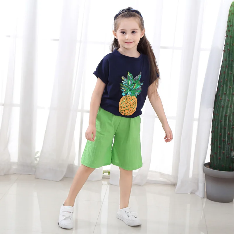 

MERI AMMI 2pcs Children Summer Clothing Outfit Outwear Pineapple Fruits Tee+Loose Cozy Cut-off Pants For 2-10 Year Girl,J517