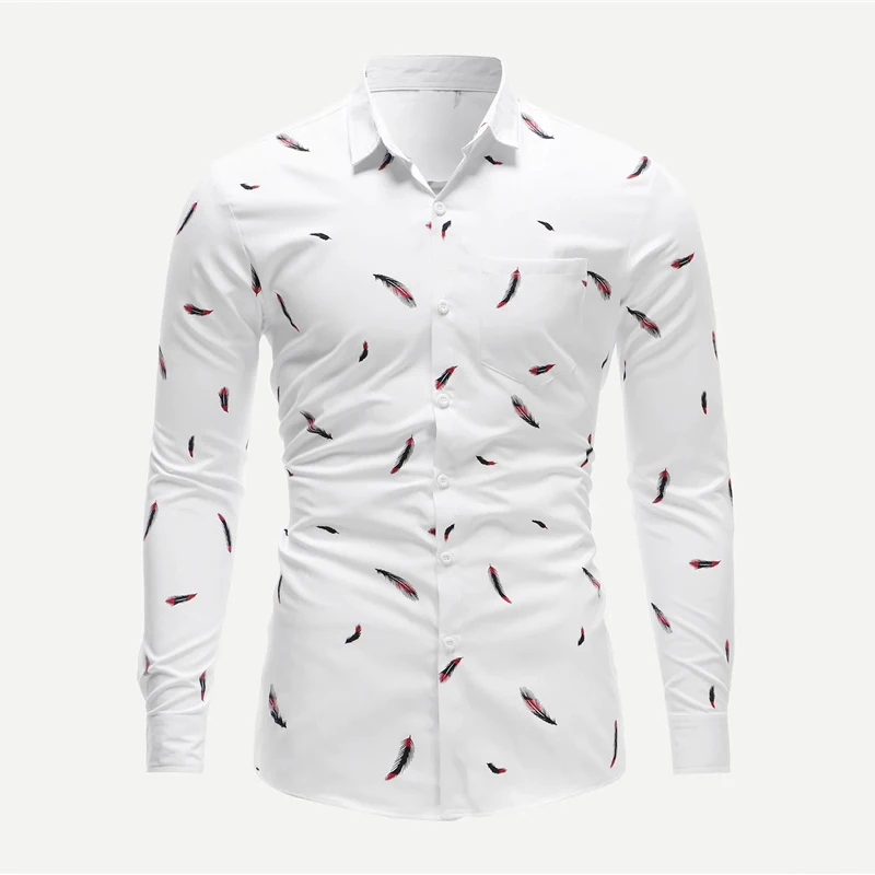 ROMWE для мужчин перо печати Slim Fit рубашка отложной воротник демисезонный с длинным рукавом блузки для малышек Белый однобортный то