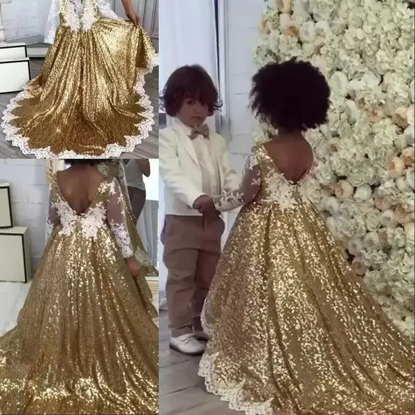 

Gold Sequins Flower Girls Dresses For Weddings White Appliques Illusion Long Sleeves Bling Asymmetric Girls Pageant Dresses