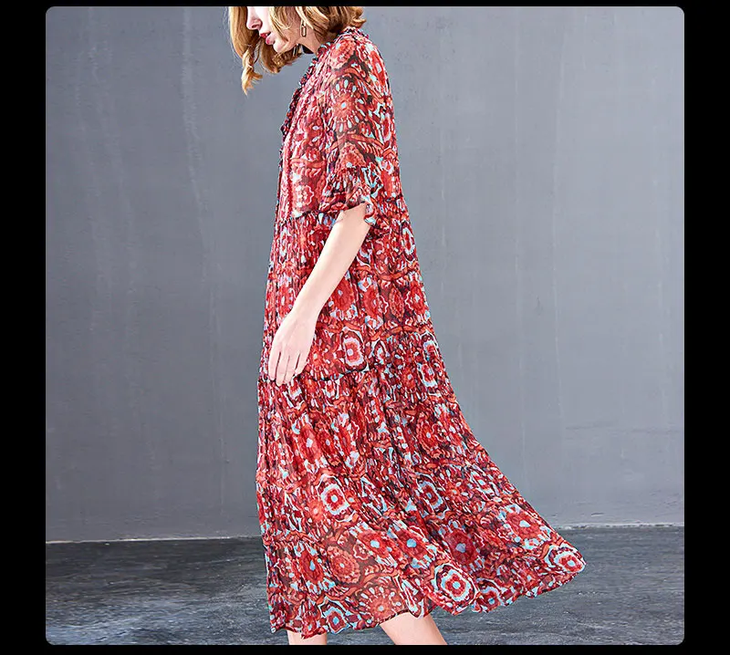 Novmoop European floral printed large size half-sleeve natural silk women dress for office outdoor robe en soie natural LT2778
