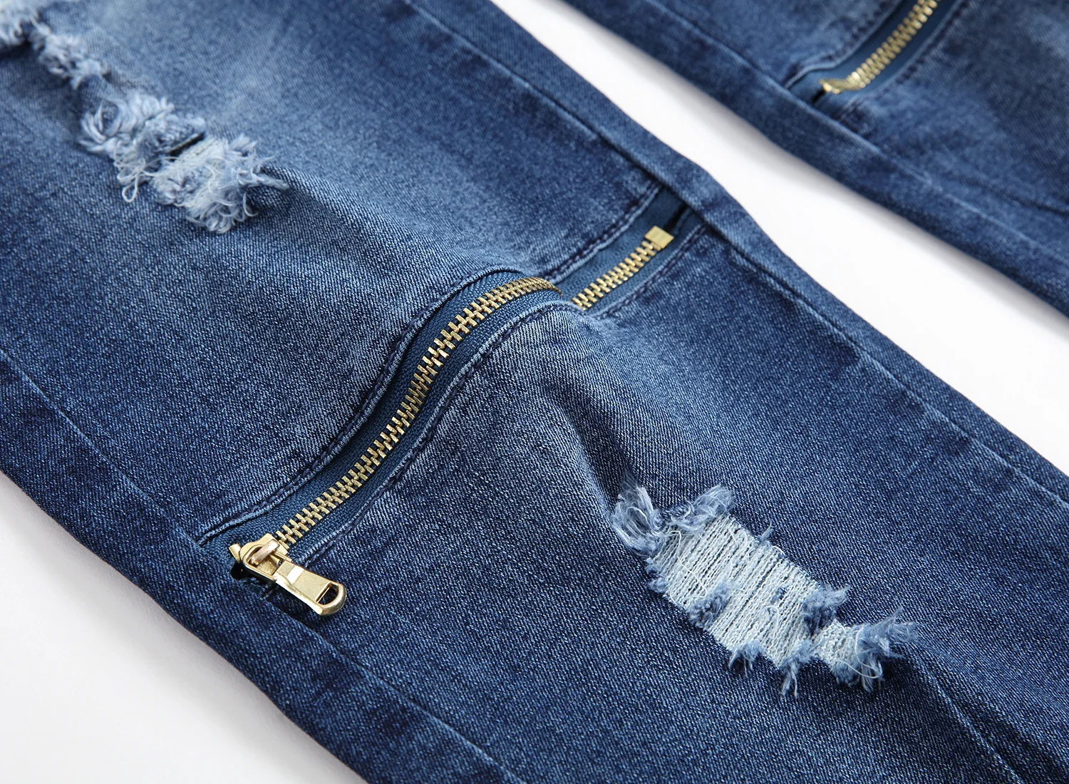 2018 spring and autumn new high street men's character holes zipper blue jeans stretch slacks | Мужская одежда