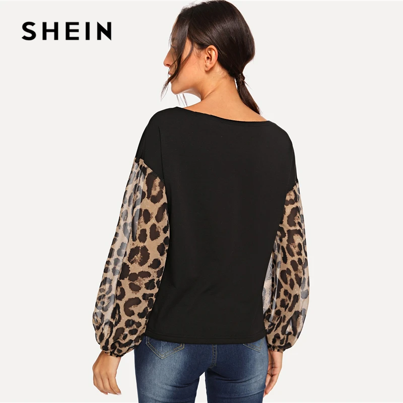 SHEIN Пуловер С Леопардовым Принтом И Контрастным Рукавом, Джемпер С Открытым Плечом И Длинными Рукавами