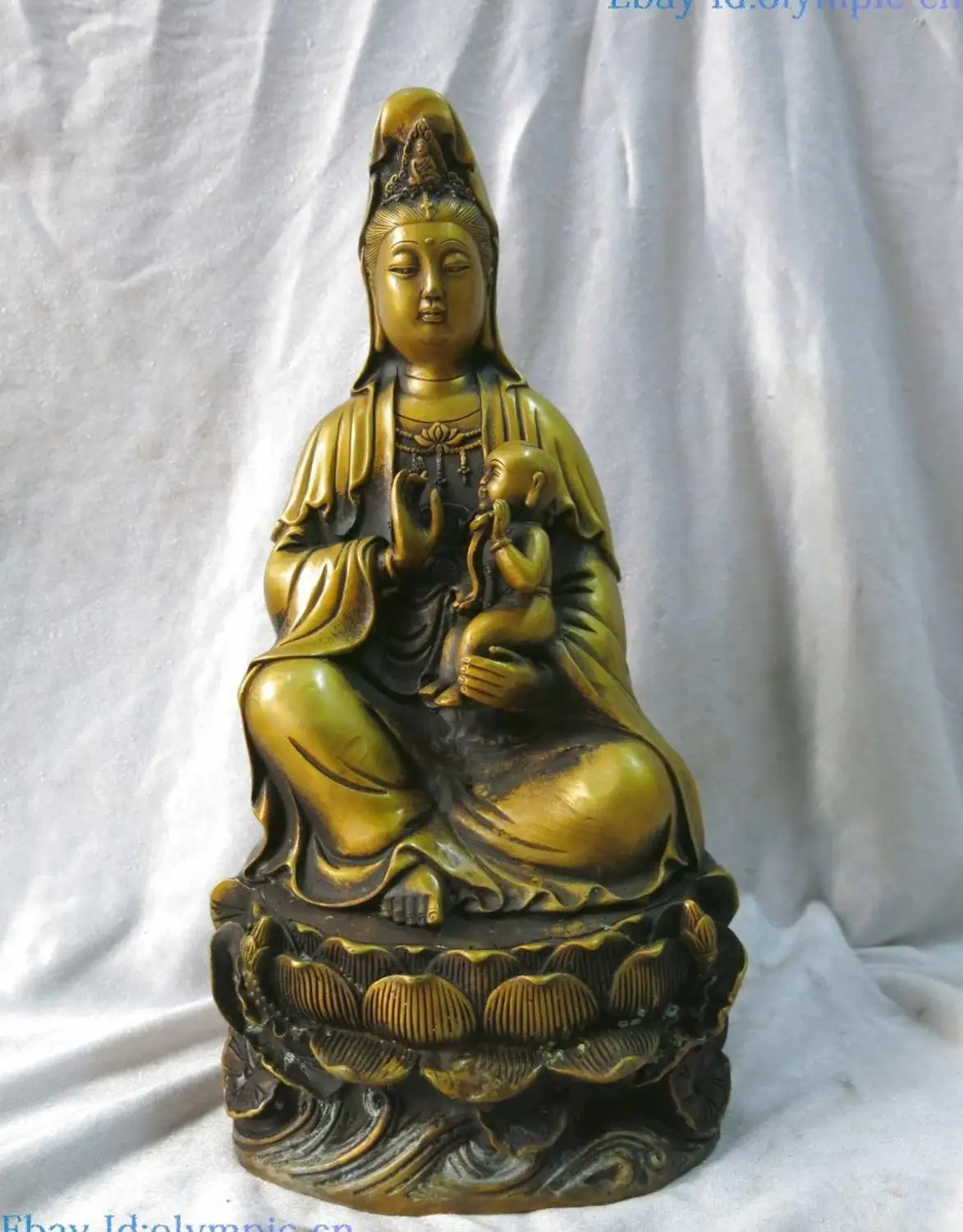 

14" China fine brass copper sculpture Songzi Avalokitesvara Kwan-yin statue