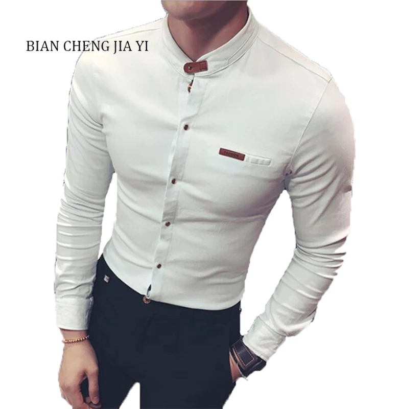 Мужская рубашка белая с квадратным воротником|Повседневные рубашки| |