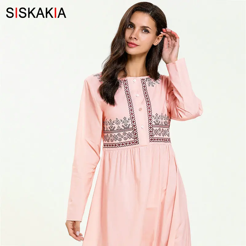 Pink dress Siskakia элегантное женское повседневное Грудное вскармливание длинное платье однобортное этническое геометрическая вышивка макси платья с длинным рукавом Новинка - Цвет: Pink dress