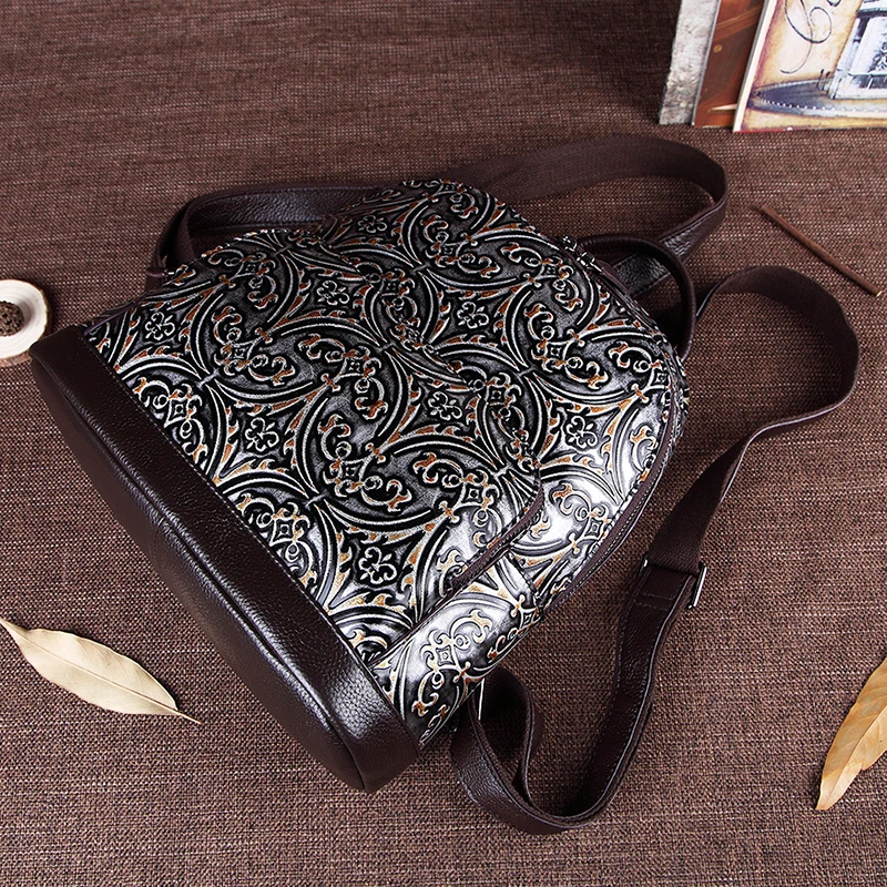 Женский рюкзак из натуральной кожи винтажный с тиснением|Женские рюкзаки| |