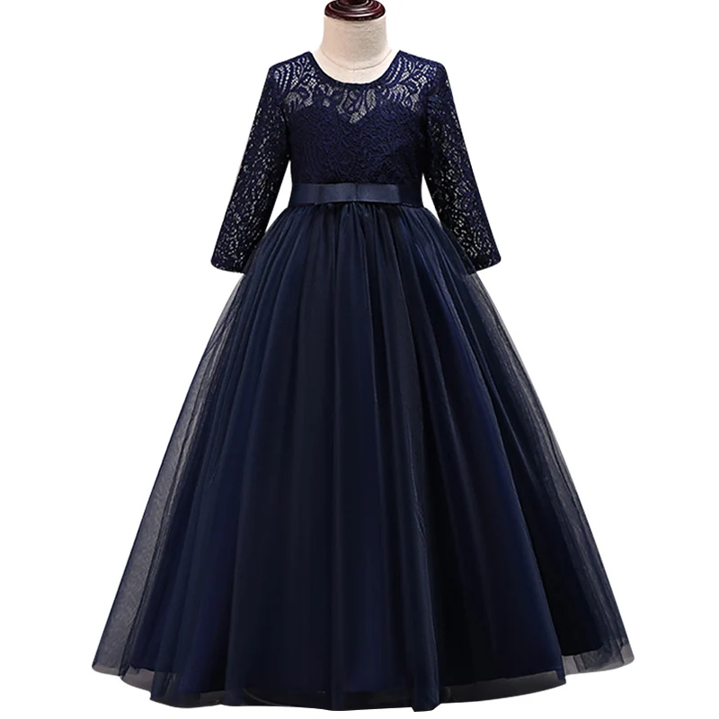 navy blue Новинка года; элегантное модное рождественское праздничное платье для девочек с цветочным узором и короткими рукавами; кружевное лоскутное платье принцессы для свадебной вечеринки - Цвет: navy blue