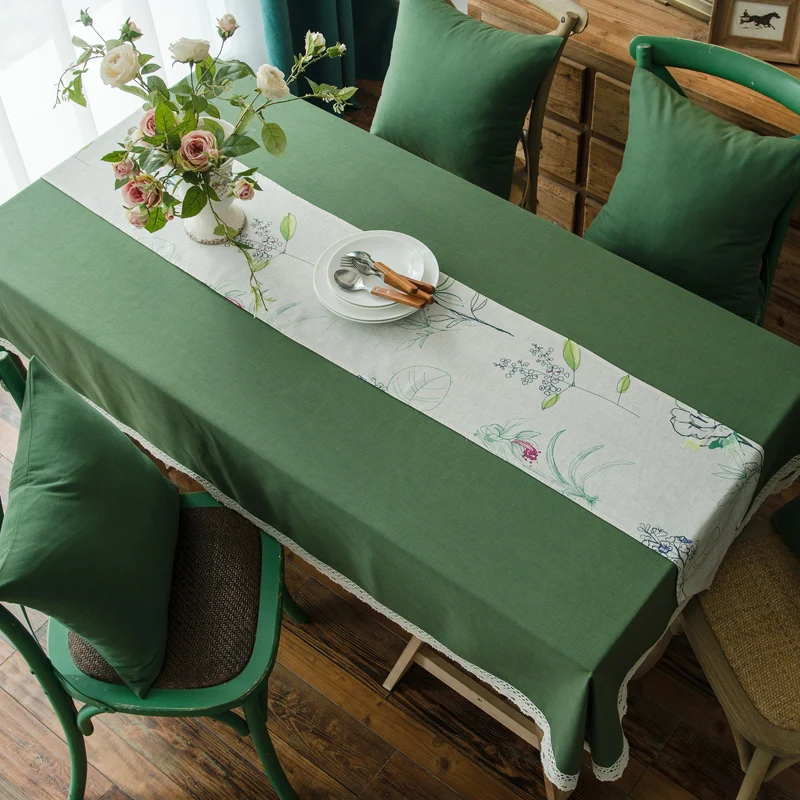 Green Solid Color White Lace Pattern Linen Waterproof Polyester Tablecloth Table Cover Decoration Rectangular Line Cloth | Дом и сад