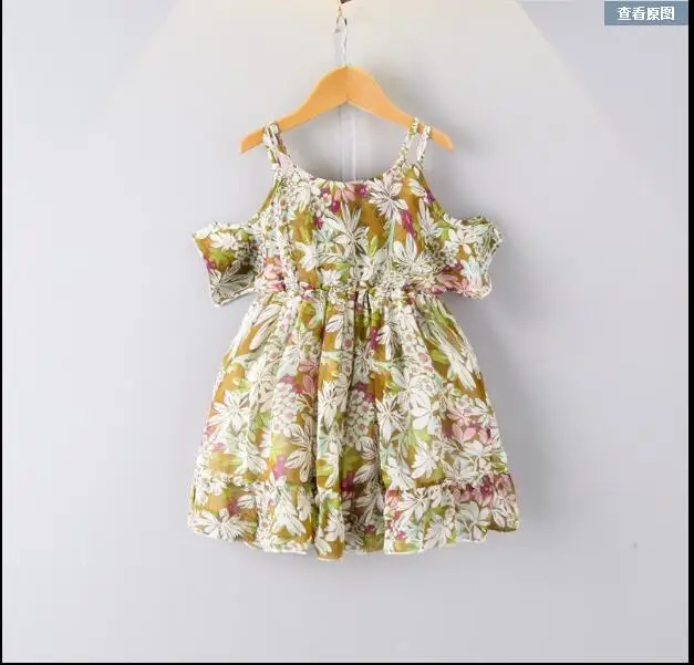 2018 summer Korean version of the new girl floral strapless straps lotus leaf chiffon fashion princess dress | Детская одежда и