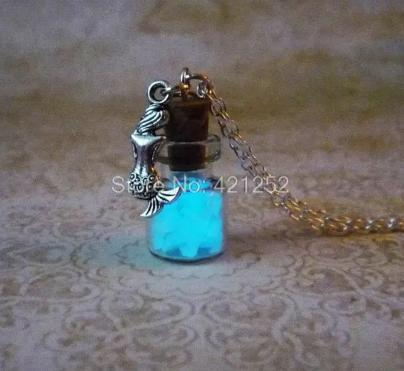 

12pcs/lot Glow In The Dark Necklace Mermaid charm Fantasy Blue Glowing Jewerly in silver