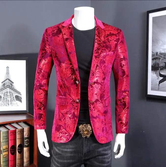 

Luxury Mens Floral Blazer Velvet Suit Jacket red Plus Size 5Xl Blazer Masculino Slim Fit British style Men vetement homme 2019