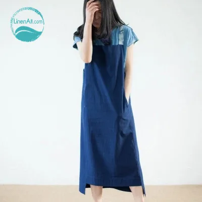 

Платье LinenAll женское на бретельках, простой стильный сарафан ручной работы из 100% хлопка с голубой краской, оригинальный дизайн