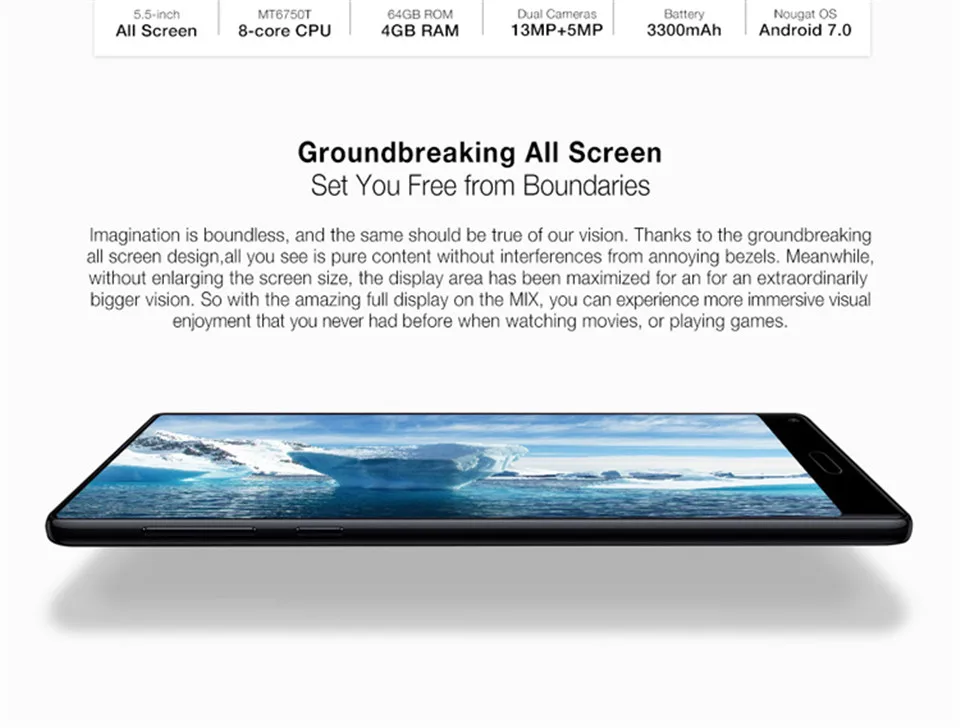 Смартфон Ulefone Mix, четыре ядра, 4 Гб+ 64 ГБ, MTK6750T, 5,5 дюйма, HD, 13 МП, двойная реальная камера, Android 7,0, отпечаток пальца, мобильный телефон