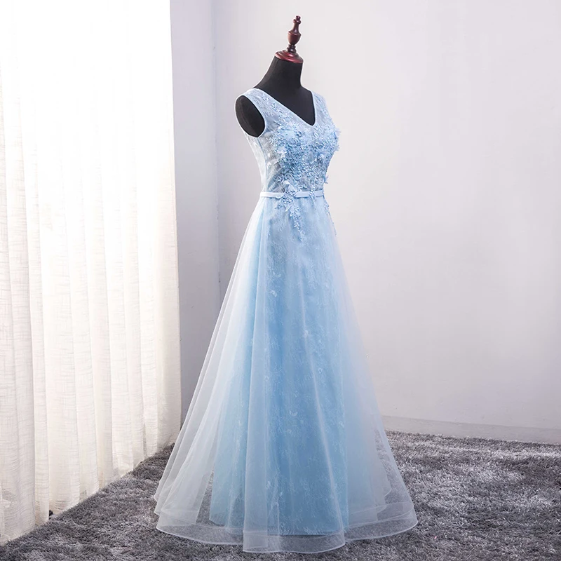 SSYFashion длинное вечернее платье невесты светло голубое кружевное цветочное v