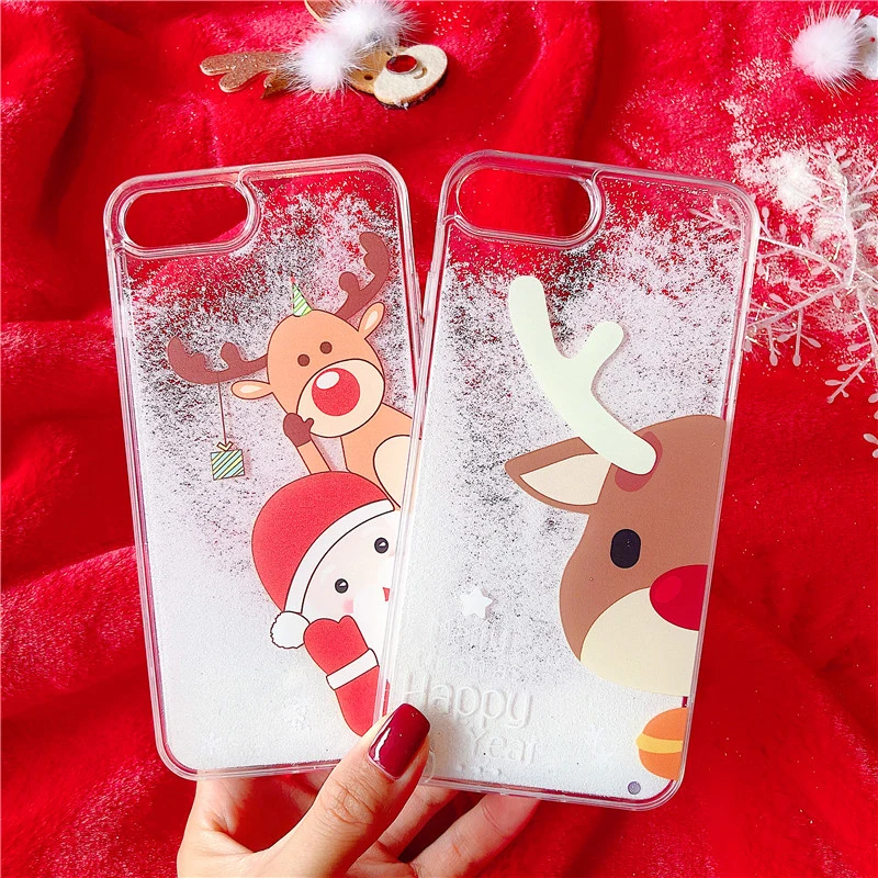 Merry Christmas phone case for iPhone XR XS Max X 6 6S 7 8 Plus Liquid Dynamic snowman deer hard PC +TPU Mobile Back Cover |