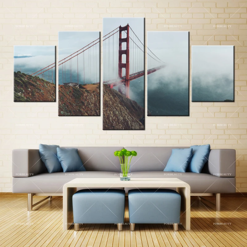 Forbeauty 5pcs Canvas Painting Wall Art Landmark Bridge Cliff California Spray Printing Waterproof Ink Home Decor Oil Paintings | Дом и сад