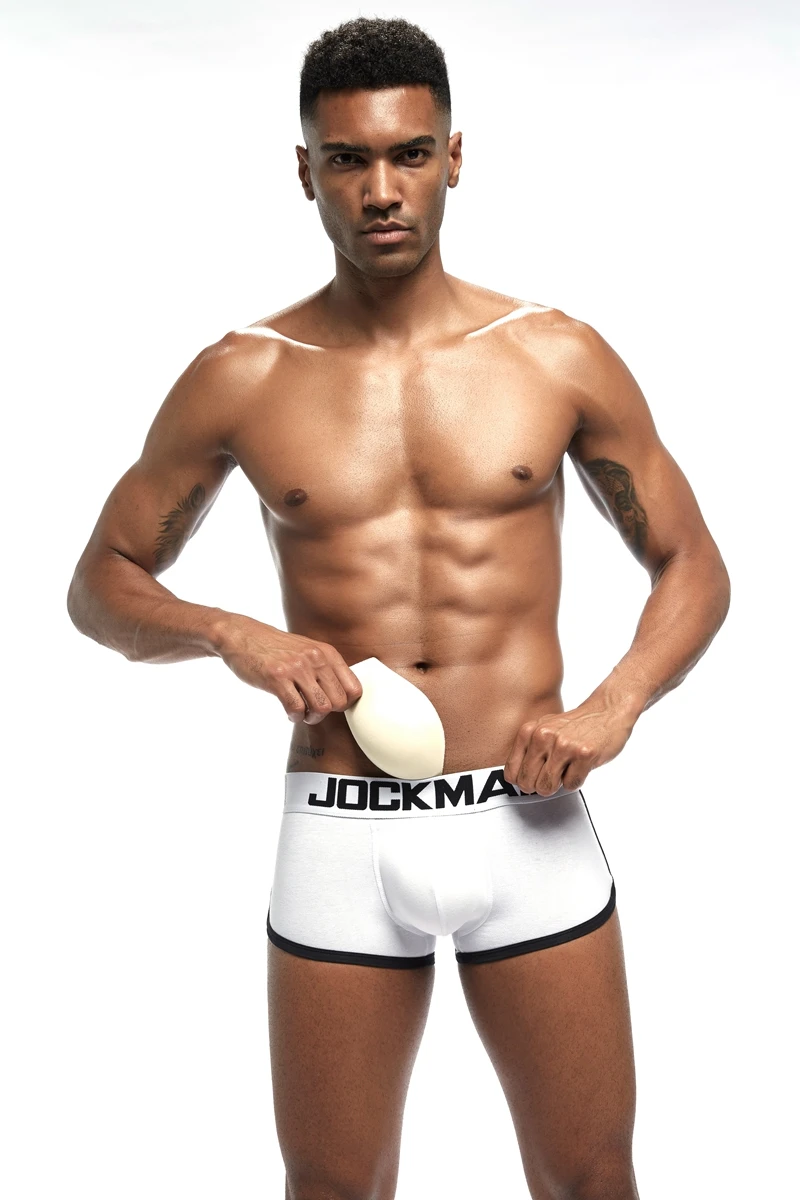JOCKMAIL, 2 шт./лот, для движения, с подкладкой, мужское нижнее белье, боксеры, спереди, для бедер и ягодиц, сексуальные, для геев, пуш-ап, чашка, усиление выпуклости, белый, черный