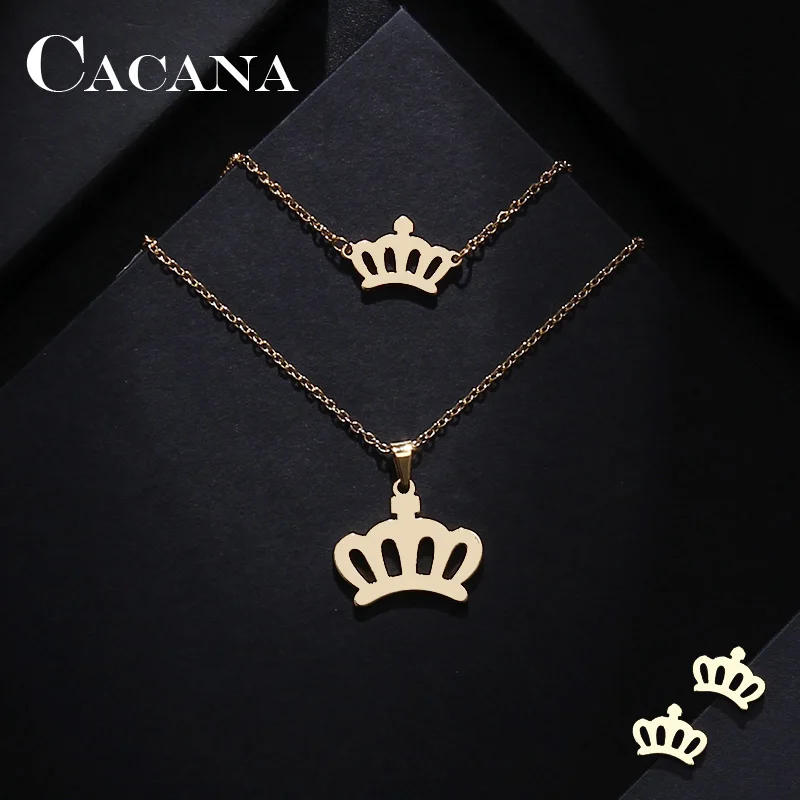 CACANA наборы из нержавеющей стали для женщин ожерелье в форме короны браслет