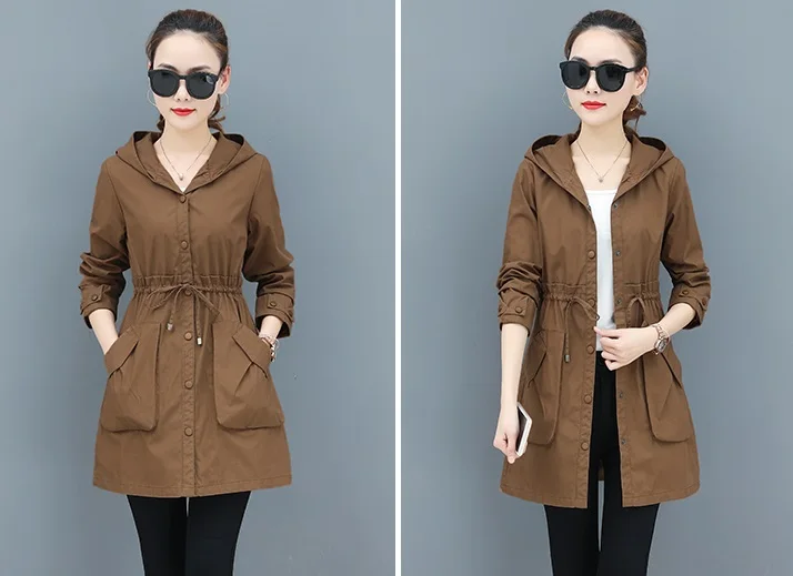 Spring Autumn Trench Coat Women Full Sleeve Thin Overcoat Medium Long Windbreaker Female New Temperament Hooded Clothing