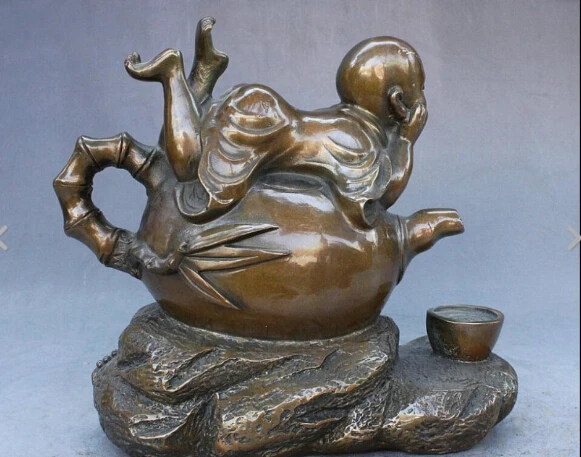 yy ymy 101++++8'' Marked Chinese Buddhism Temple Bronze Bonze Bamboo Tea Pot Flagon Cup Statue | Дом и сад