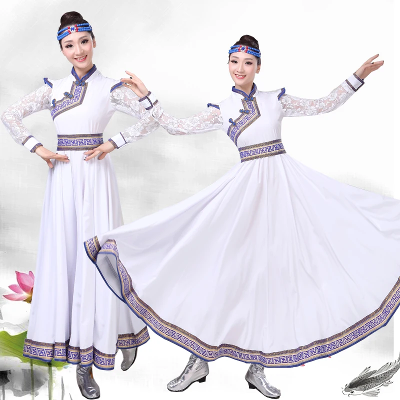

Mongolian festival Dance costume blue and white porcelain stage wear princess long dress folk dancing gown