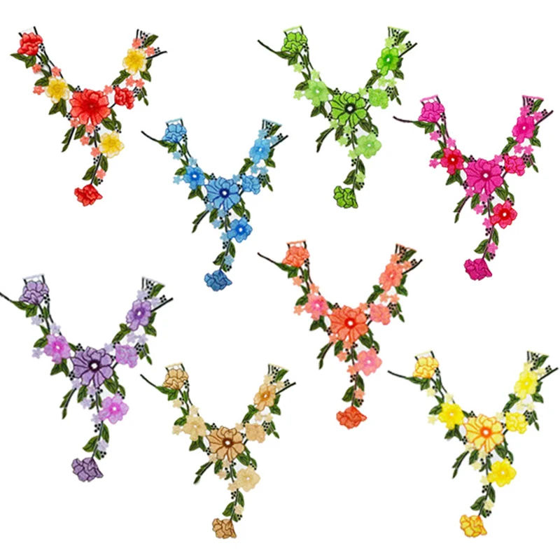 Красочные пионы цветы этническое кружевное платье воротник патч винтажная