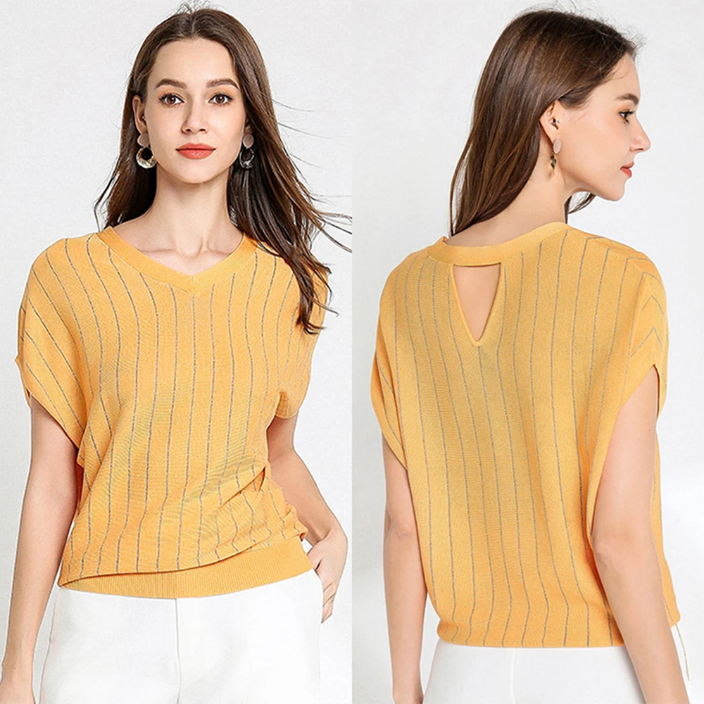 Женские новые модные рукава летучая мышь Янтарный тенсель трикотаж Летние