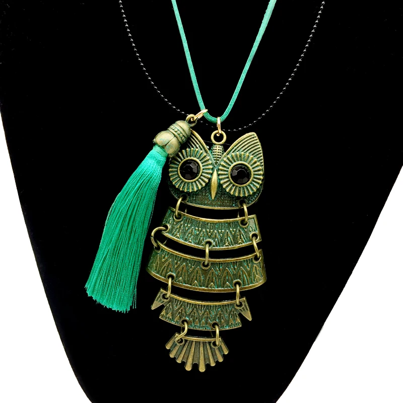 For women long necklaces&amppendants vintage green owl charms necklaces with black fringe boho jewelry ethnic bohemia femme | Украшения и