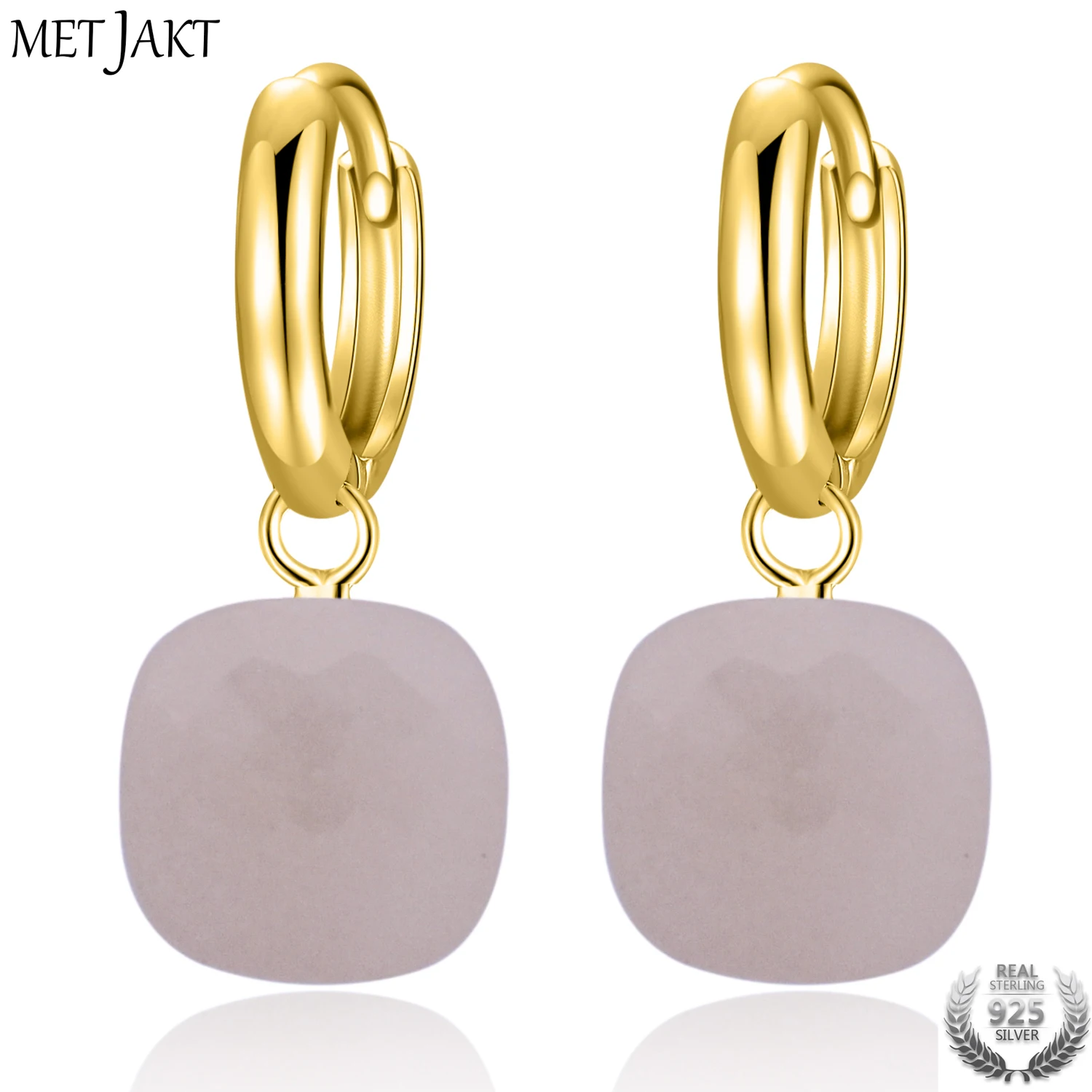 

MetJakt Natural Pink Agate Solid 925 Sterling Silver Gold Color Hook Earring for Lady Wedding,party,anniversary Jewelry