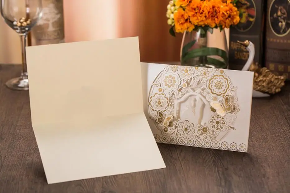 Customized White&ampGold Laser Cut Floral Wedding Party Invitation Card Bride &ampGroom Marriage Invitations 100PCS Express Shipping | Дом и