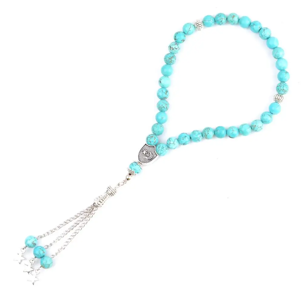 Blue Turquoise 8 мм натуральный камень голубой бирюзовый 33 молитвенные бусы исламский мусульманский тасбих Бог Мохаммед четки для женщин мужчин ювелирные изделия подарок - Окраска металла: Blue Turquoise
