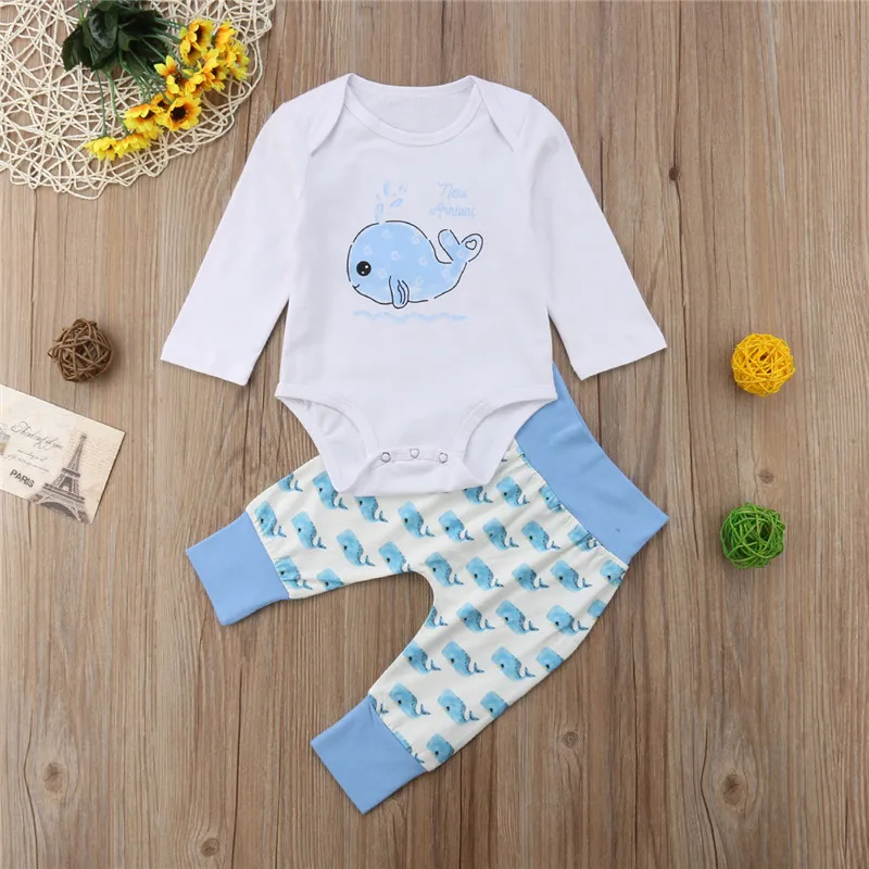 Newborn Baby Boy Girl Clothes Set Autumn Long Sleeve T-shirt Top Whale Print Bodysuits Pants Boys Girls Clothing Outfits 2PCs |