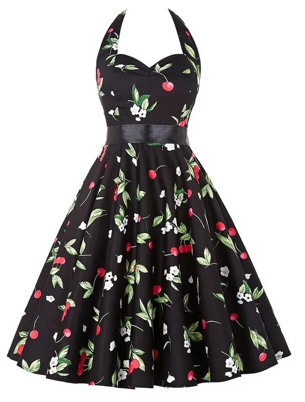 Женское платье с цветочным принтом винтажное летнее в горошек лямкой на шее без