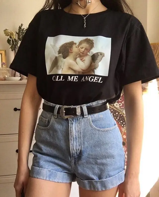 Kuakuayu HJN Call Me Angel картина маслом женская футболка белый черный розовый это искусство хипстер унисекс Забавные топы