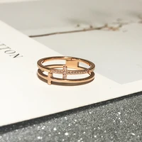 yun ruo new arrival fashion double cross zircon ring rose gold color woman gift titanium steel jewelry never fade drop shipping